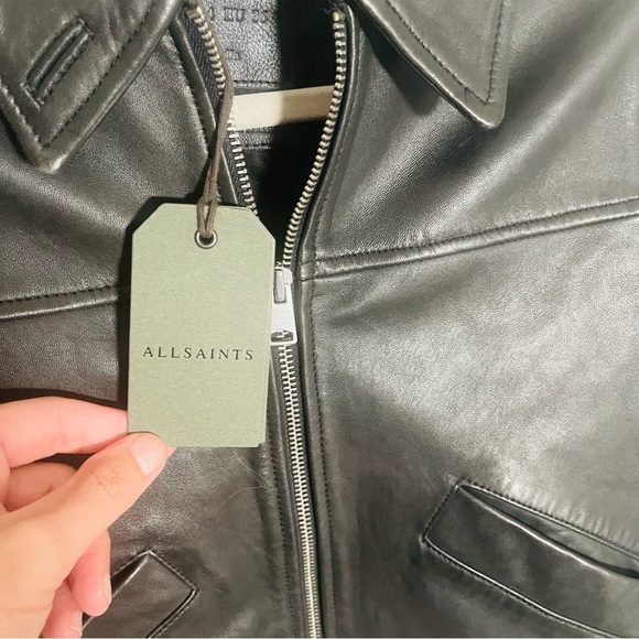 NEW All Saints Pascao Leather Bomber Jacket Black Bikercore Club Retro Outerwear - Picture 9 of 13